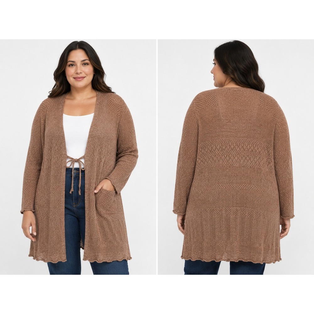 Pink Brown Cardigan Sweater XL Pink Open Knit Tie Front Longline Boho Pointelle